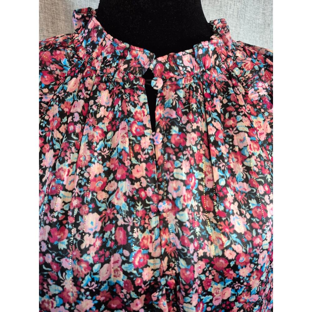 Buddy Love Floral Ruffle Neck Blouse Small Smocked Cuffs Sheer Long Sleeve Boho - Picture 6 of 9